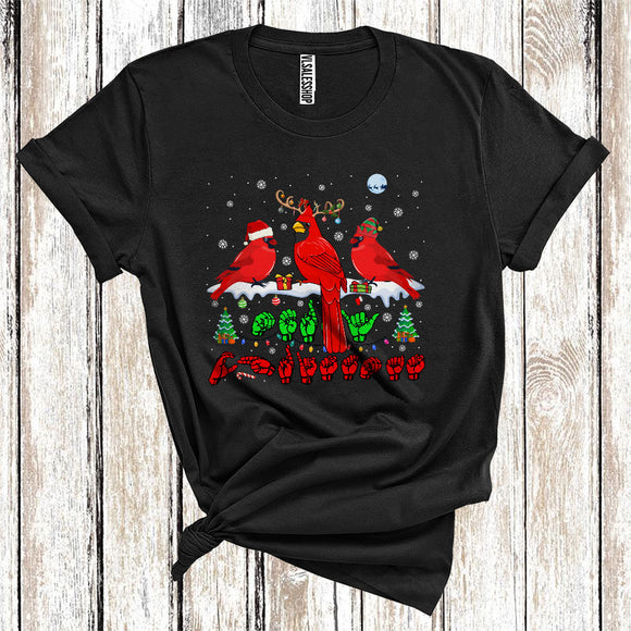 MacnyStore - ASL Sign Language Merry Christmas Cute Xmas Lights Cardinal Squad Bird Lover T-Shirt