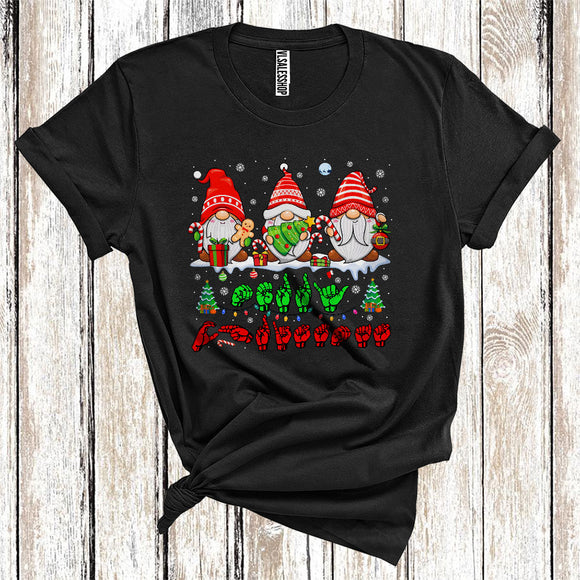 MacnyStore - ASL Sign Language Merry Christmas Cute Xmas Lights Gnome Squad Snowing Lover T-Shirt