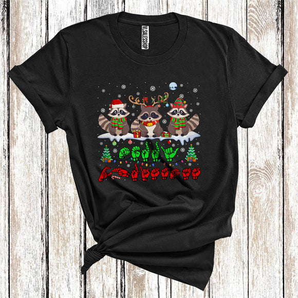 MacnyStore - ASL Sign Language Merry Christmas Cute Xmas Lights Raccoon Squad Wild Animal Lover T-Shirt
