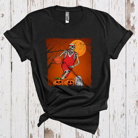 MacnyStore - American Basketball Skeleton Player Halloween Carved Pumpkin Sport Lover T-Shirt