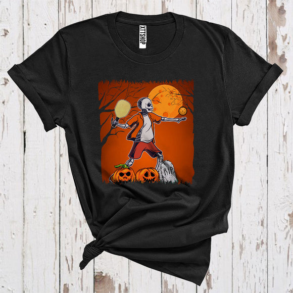 MacnyStore - American Pickleball Skeleton Player Halloween Carved Pumpkin Sport Lover T-Shirt