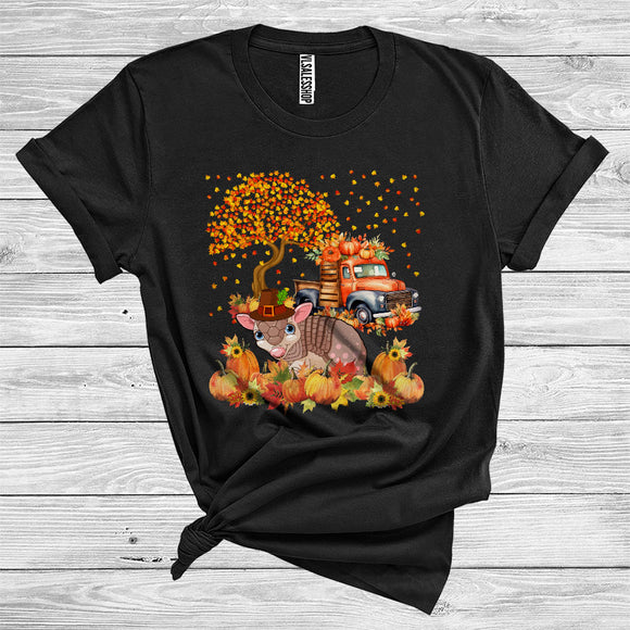 MacnyStore - Armadillo Pilgrim Cute Thanksgiving Fall Tree Leaves Pumpkins On Pickup Truck Wild Animal Lover T-Shirt