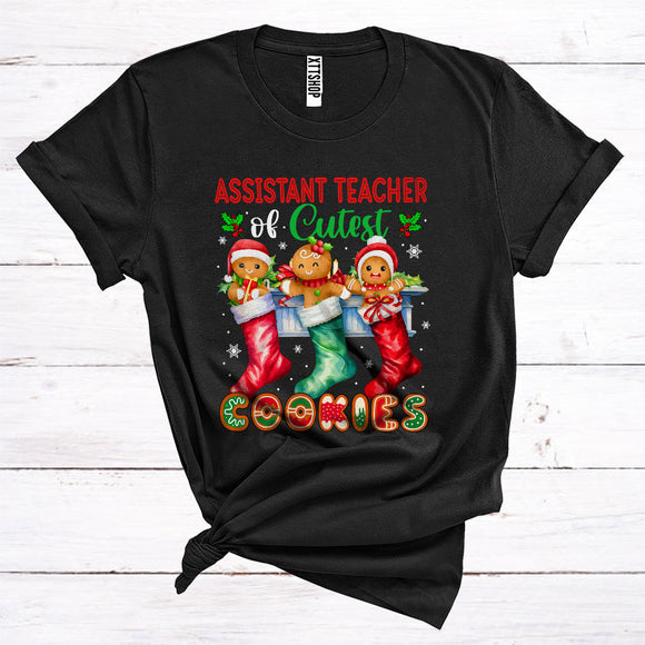 MacnyStore - Assistant Teacher Of Cutest Cookies, Santa Gingerbreads Baker Three Xmas Socks, Christmas T-Shirt