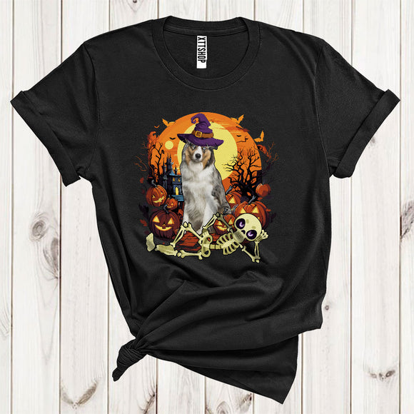 MacnyStore - Australian Shepherd With Scary Moon Cute Halloween Costume Witch Australian Shepherd Lying Skeleton T-Shirt