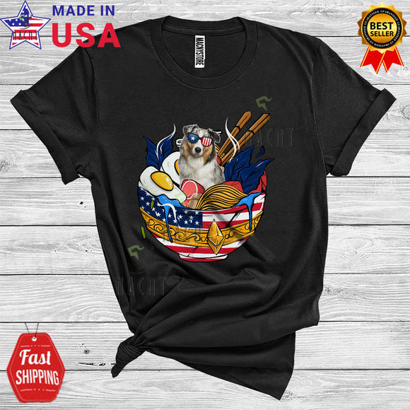 MacnyStore - Australian Shepherd In Ramen Sunglassese Patriotic 4th of July Animal Lover USA Flag T-Shirt