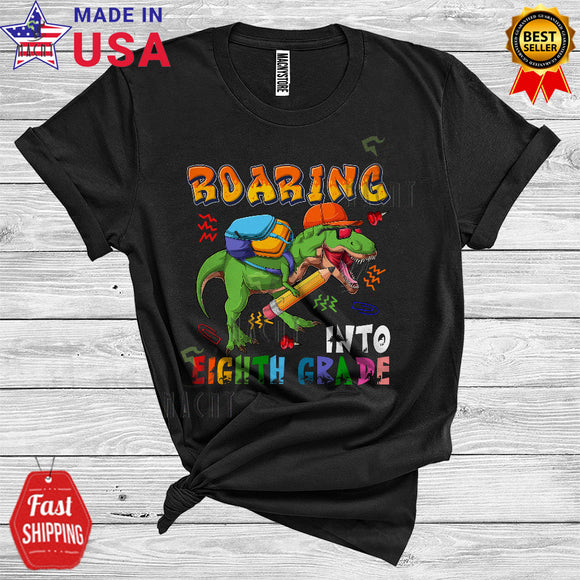MacnyStore - Back To School Roaring Into Eighth Grade T-Rex Funny Dinosaur Lover Students First Day Of School T-Shirt