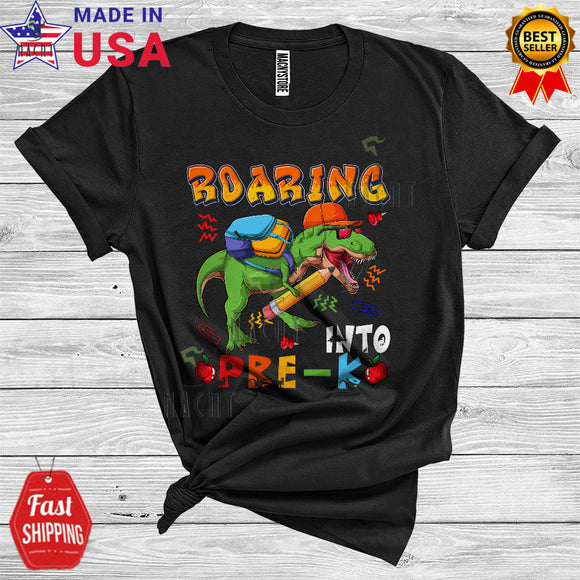 MacnyStore - Back To School Roaring Into Pre-K T-Rex Funny Dinosaur Lover Kids First Day Of School T-Shirt