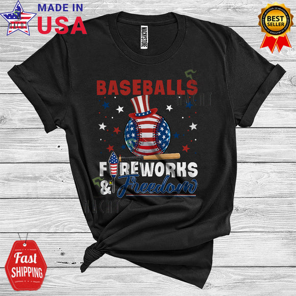 MacnyStore - Baseballs Fireworks And Freedom Patriotic 4th Of July Proud American Flag Sports Player Lover T-Shirt