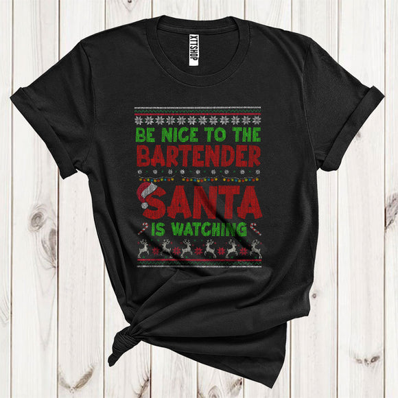 MacnyStore - Be Nice To The Bartender Santa Watching Funny Christmas Sarcastic Sweater Careers Group T-Shirt