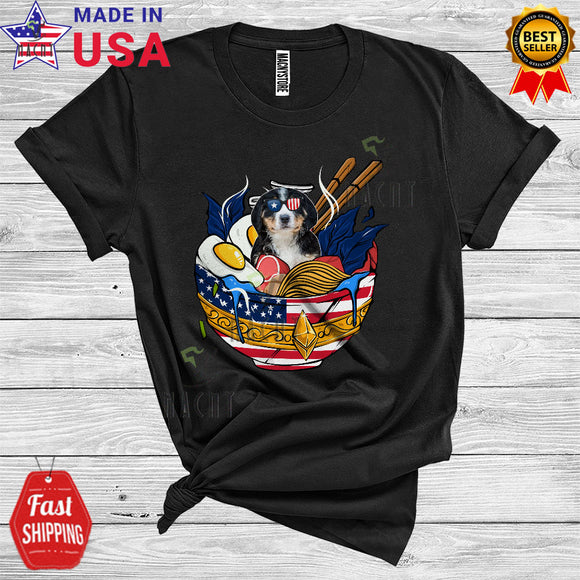 MacnyStore - Bernedoodle In Ramen Sunglassese Patriotic 4th of July Animal Lover USA Flag T-Shirt