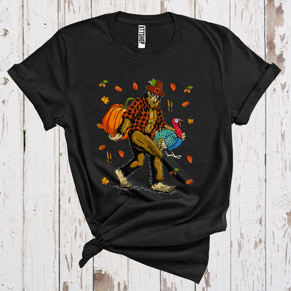 MacnyStore - Bigfoot Sunglass Pilgrim With Turkey Pumpkin In Hands Cool Thanksgiving Fall Leaves Lover T-Shirt