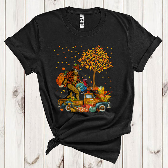 MacnyStore - Bigfoot Taking Turkey Pumpkin On Pickup Truck Funny Thanksgiving Fall Leaves Tree T-Shirt