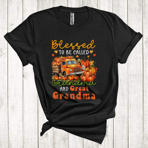MacnyStore - Blessed To Be Called Grandma And Great Grandma Cool Thanksgiving Pumpkins Fall Leaves On Pickup Truck T-Shirt