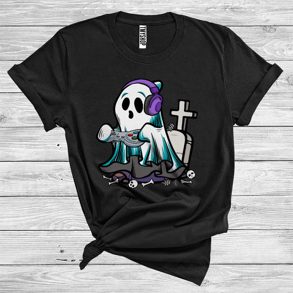 MacnyStore - Boo Ghost Playing Game With Headset Funny Videogames Lover Halloween Costume T-Shirt