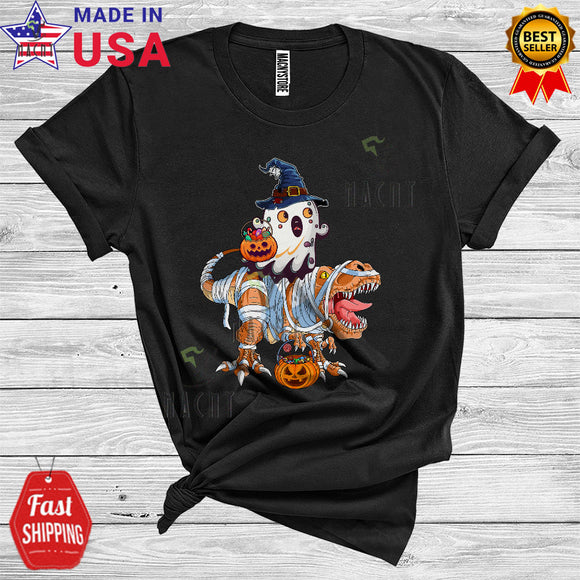 MacnyStore - Boo Ghost Witch Riding Mummy Dinosaur Cute Halloween T-Rex Pumpkin Candy Kids T-Shirt