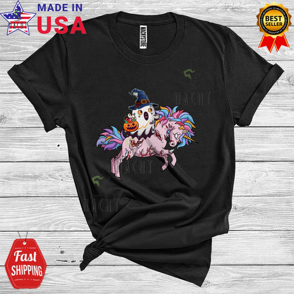 MacnyStore - Boo Ghost Witch Riding Zombie Unicorn Cute Halloween Animal Lover Candy Pumpkin Kids T-Shirt
