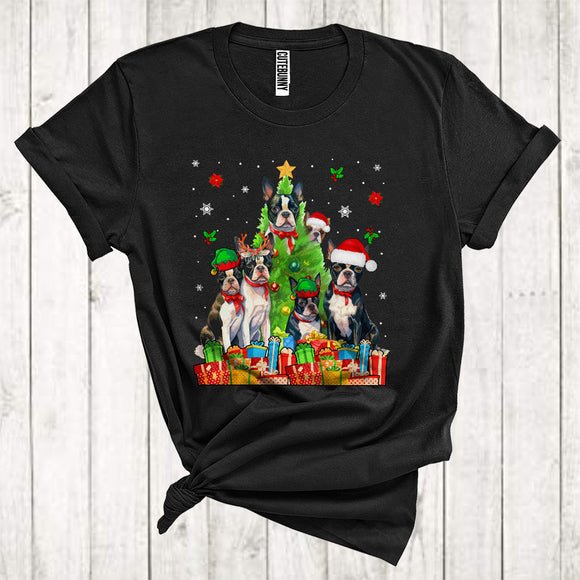 MacnyStore - Boston Terrier Christmas Tree Funny Elf Santa Reindeer Costume Animal Owner T-Shirt