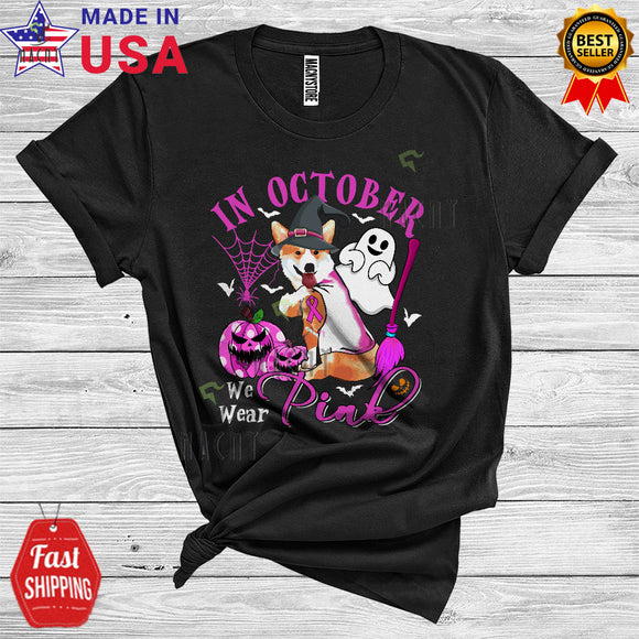 MacnyStore - Breast Cancer We Wear Pink In October Funny Halloween Pink Ribbon Witch Corgi T-Shirt