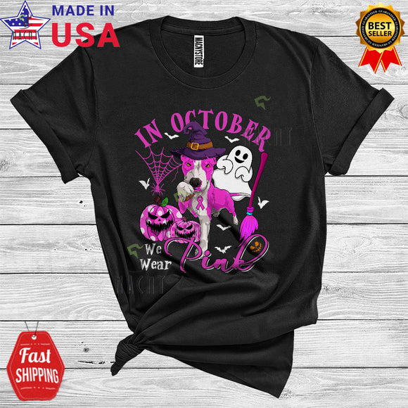 MacnyStore - Breast Cancer We Wear Pink In October Funny Halloween Pink Ribbon Witch Pit Bull T-Shirt