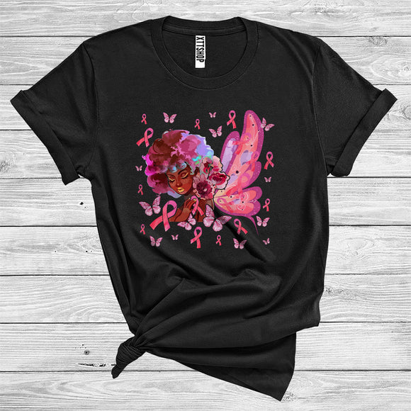 MacnyStore - Breast Cancer Awareness Cool Black Woman With Pink Butterflies Pink Ribbon Proud Afro African T-Shirt