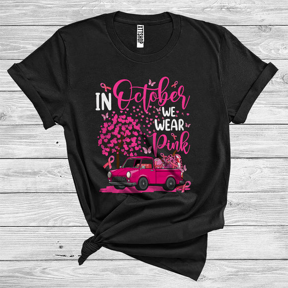 MacnyStore - Breast Cancer Awareness We Wear Pink In October Cute Pink Ribbon Leopard Pumpkin On Pickup Truck T-Shirt