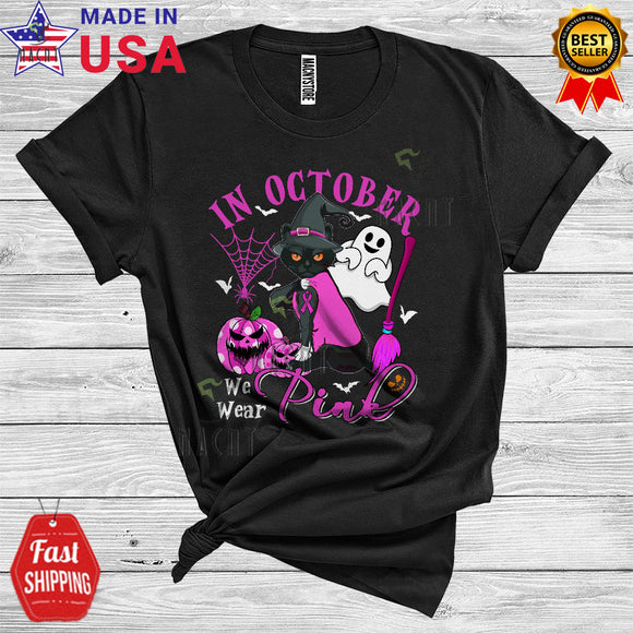 MacnyStore - Breast Cancer Cat We Wear Pink In October Funny Halloween Pink Ribbon Witch Black Cat T-Shirt