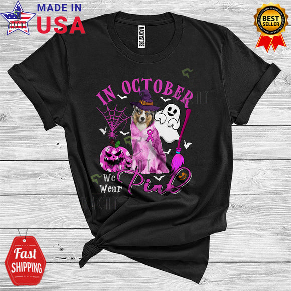 MacnyStore - Breast Cancer We Wear Pink In October Funny Halloween Pink Ribbon Witch Australian Shepherd T-Shirt