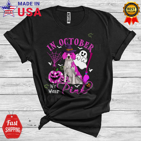 MacnyStore - Breast Cancer We Wear Pink In October Funny Halloween Pink Ribbon Witch Beagle T-Shirt