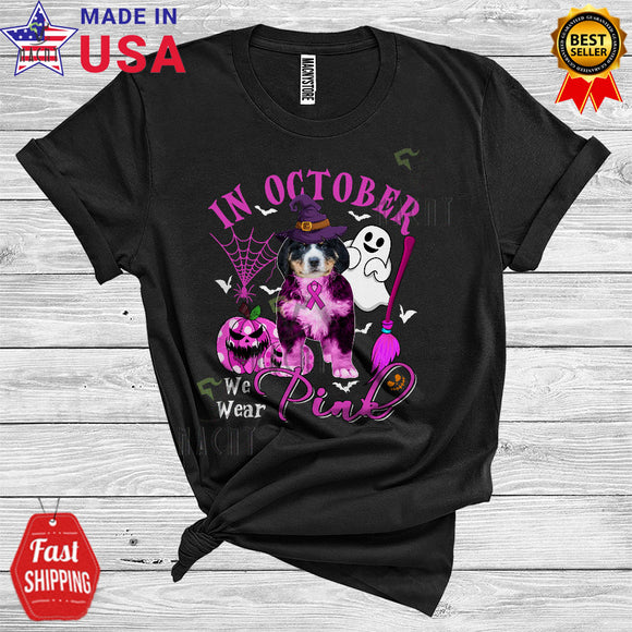 MacnyStore - Breast Cancer We Wear Pink In October Funny Halloween Pink Ribbon Witch Bernedoodle T-Shirt