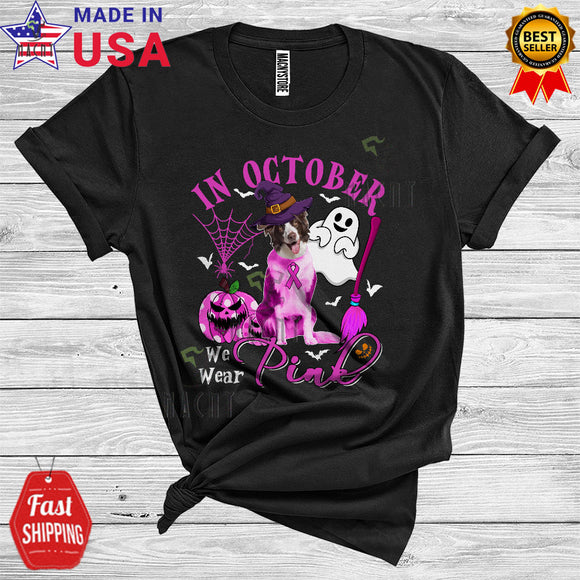 MacnyStore - Breast Cancer We Wear Pink In October Funny Halloween Pink Ribbon Witch Border Collie T-Shirt