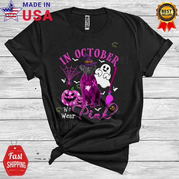 MacnyStore - Breast Cancer We Wear Pink In October Funny Halloween Pink Ribbon Witch Cane Corso T-Shirt