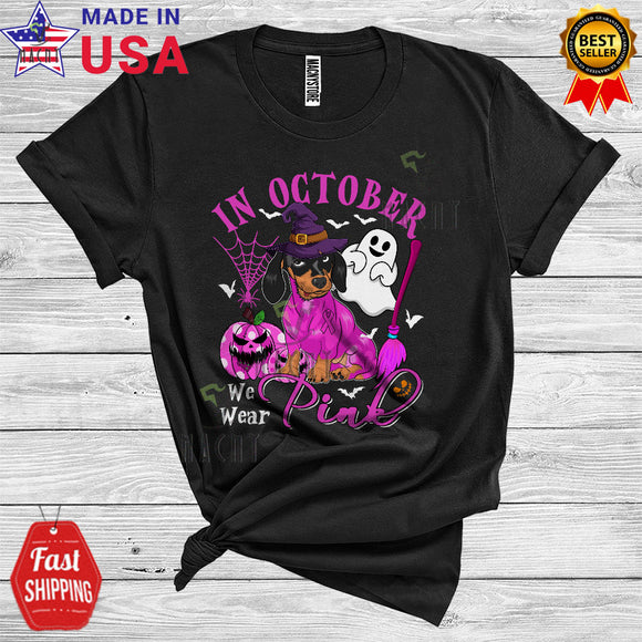 MacnyStore - Breast Cancer We Wear Pink In October Funny Halloween Pink Ribbon Witch Dachshund T-Shirt