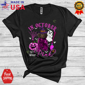 MacnyStore - Breast Cancer We Wear Pink In October Funny Halloween Pink Ribbon Witch Sproodle T-Shirt