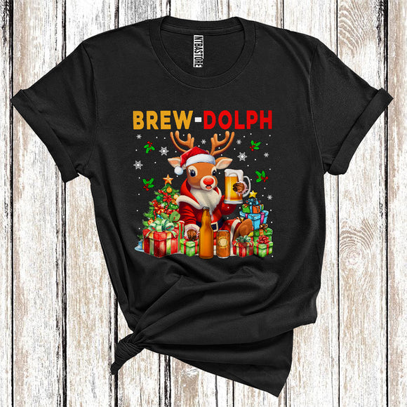 MacnyStore - Brew-dolph, Santa Reindeer Drinking Beer, Christmas T-Shirt