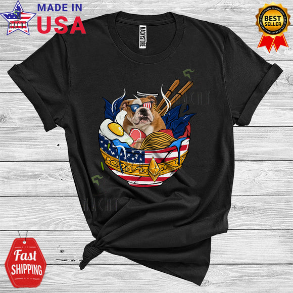 MacnyStore - Bulldog In Ramen Sunglassese Patriotic 4th of July Animal Lover USA Flag T-Shirt
