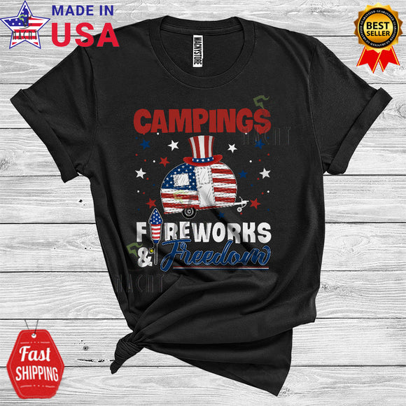 MacnyStore - Campings Fireworks And Freedom Patriotic 4th Of July Proud American Flag Natural Lover T-Shirt