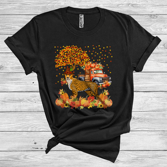 MacnyStore - Cheetah Pilgrim Cute Thanksgiving Fall Tree Leaves Pumpkins On Pickup Truck Wild Animal Lover T-Shirt