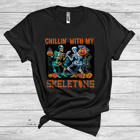 MacnyStore - Chillin With My Skeletons Funny Halloween Horror Skeleton Dancing With Carved Pumpkins Candy T-Shirt