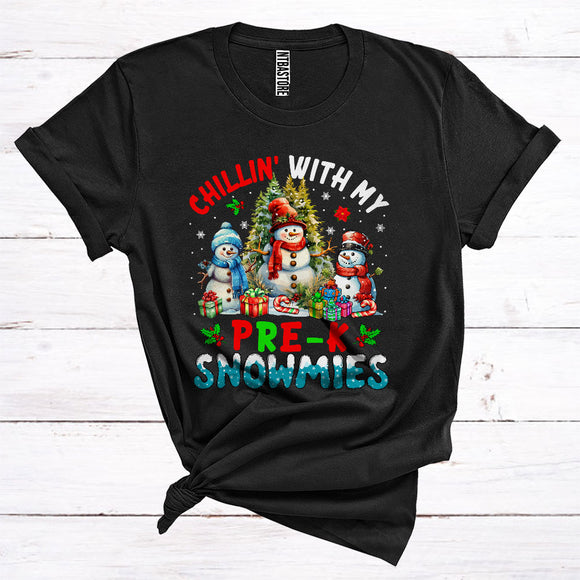MacnyStore - Chillin' With My Pre-K Snowmies Cool Merry Christmas Tree Snowman Teacher Group T-Shirt