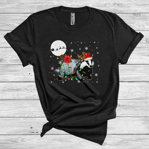 MacnyStore - Christmas Badger Santa Reindeer Xmas Lights Funny Wild Animal Zoo Lover T-Shirt