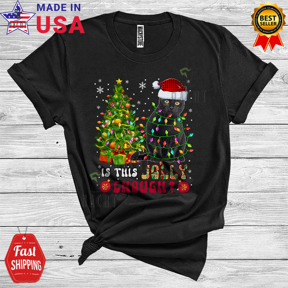 MacnyStore - Christmas Cat Is This Jolly Enough Funny Xmas Tree Light Santa Black Cat Lover T-Shirt