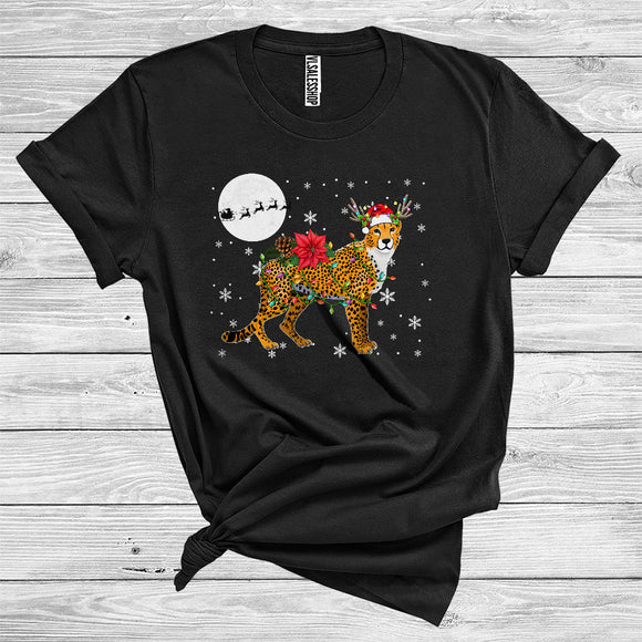 MacnyStore - Christmas Cheetah Santa Reindeer Xmas Lights Funny Wild Animal Zoo Lover T-Shirt