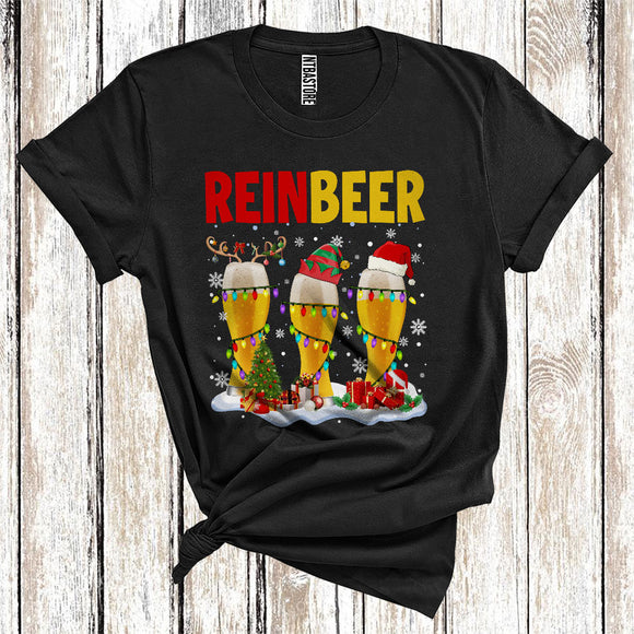 MacnyStore - Christmas Drinking Reinbeer Cool Three Elf Santa Reindeer Beer Glasses Xmas Lights T-Shirt