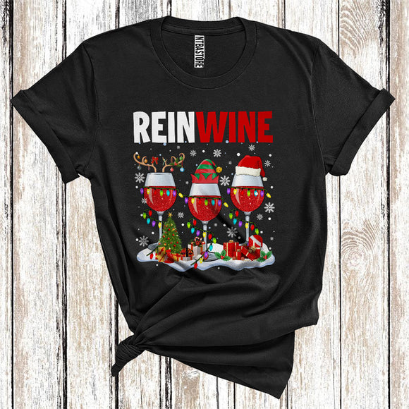MacnyStore - Christmas Drinking Reinwine Cool Three Elf Santa Reindeer Wine Glasses Xmas Lights T-Shirt