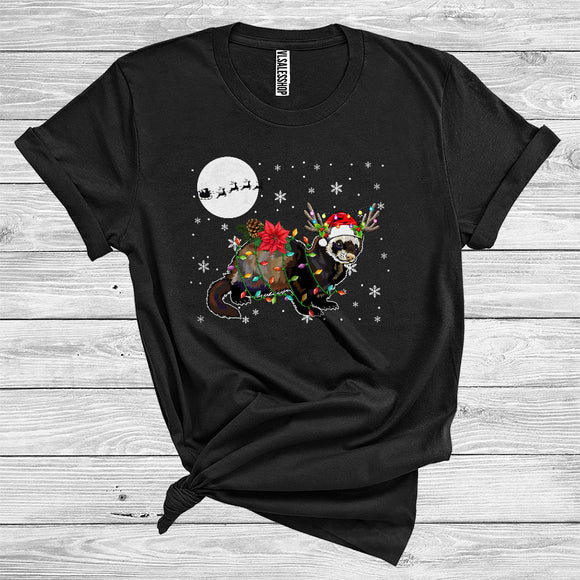 MacnyStore - Christmas Ferret Santa Reindeer Xmas Lights Funny Wild Animal Zoo Lover T-Shirt