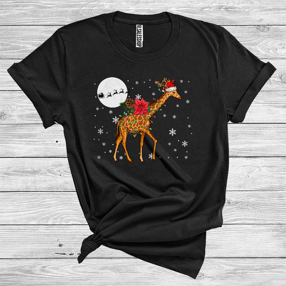 MacnyStore - Christmas Giraffe Santa Reindeer Xmas Lights Funny Wild Animal Zoo Lover T-Shirt