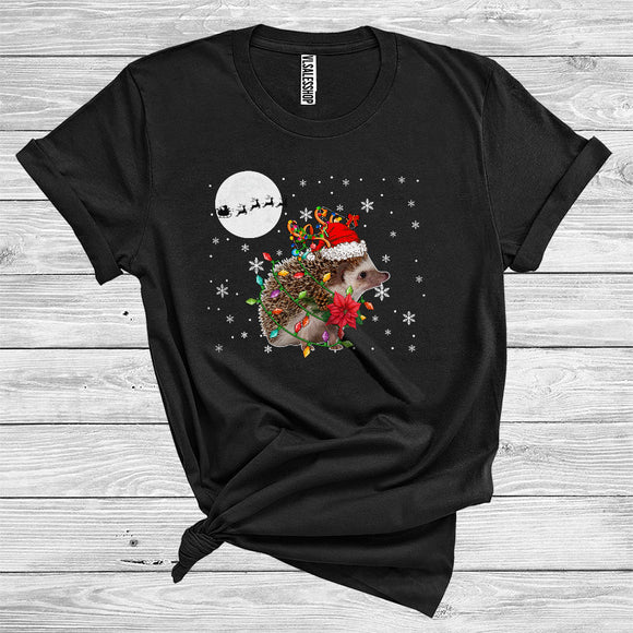 MacnyStore - Christmas Hedgehog Santa Reindeer Xmas Lights Funny Wild Animal Zoo Lover T-Shirt