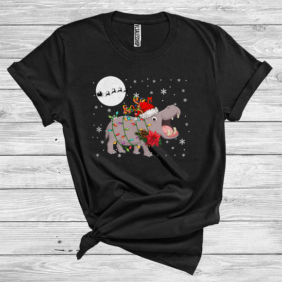 MacnyStore - Christmas Hippo Santa Reindeer Xmas Lights Funny Wild Animal Zoo Lover T-Shirt