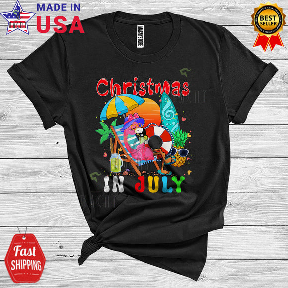 MacnyStore - Christmas In July Flamingo Wearing Hat Drinking Funny Summer Vacation Animal Lover T-Shirt