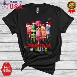MacnyStore - Christmas In July Ice Cream Funny Santa Ice Cream Lover Xmas Lights Summer T-Shirt
